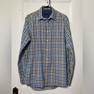 BENSON Men's Plaid Button Down Shirt in Navy Blue/Brown Sz Medium